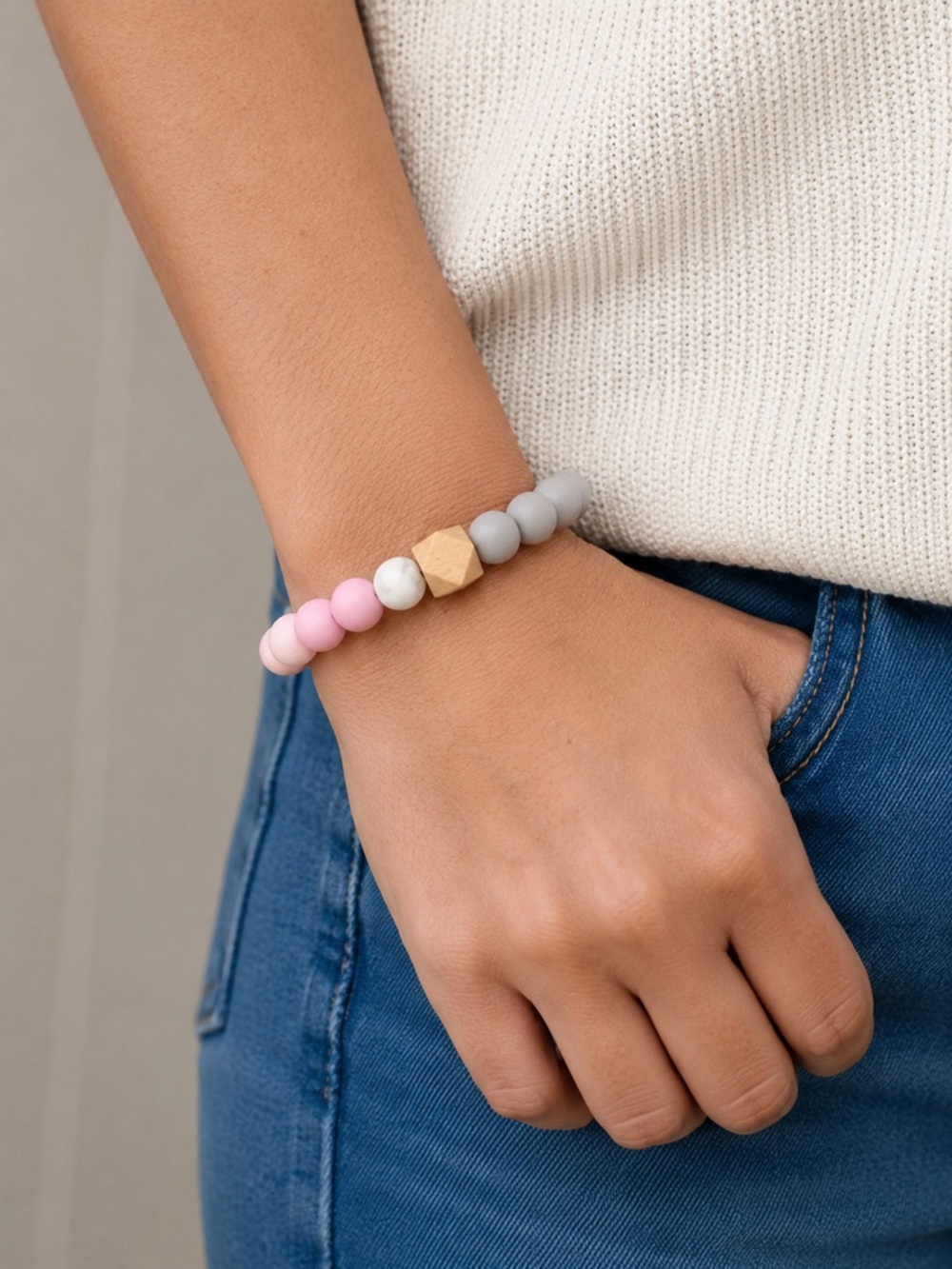 Pastel Silicone & Wood Beaded Stretch Bracelet Pink Gray White Minimalist Boho